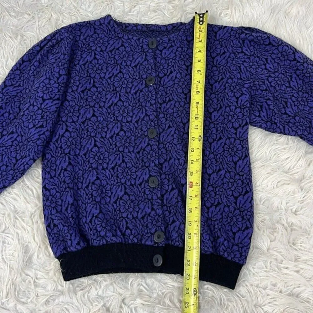 Vintage Womens Purple & Black Floral Mohair Button Front Cardigan Sweater Medium